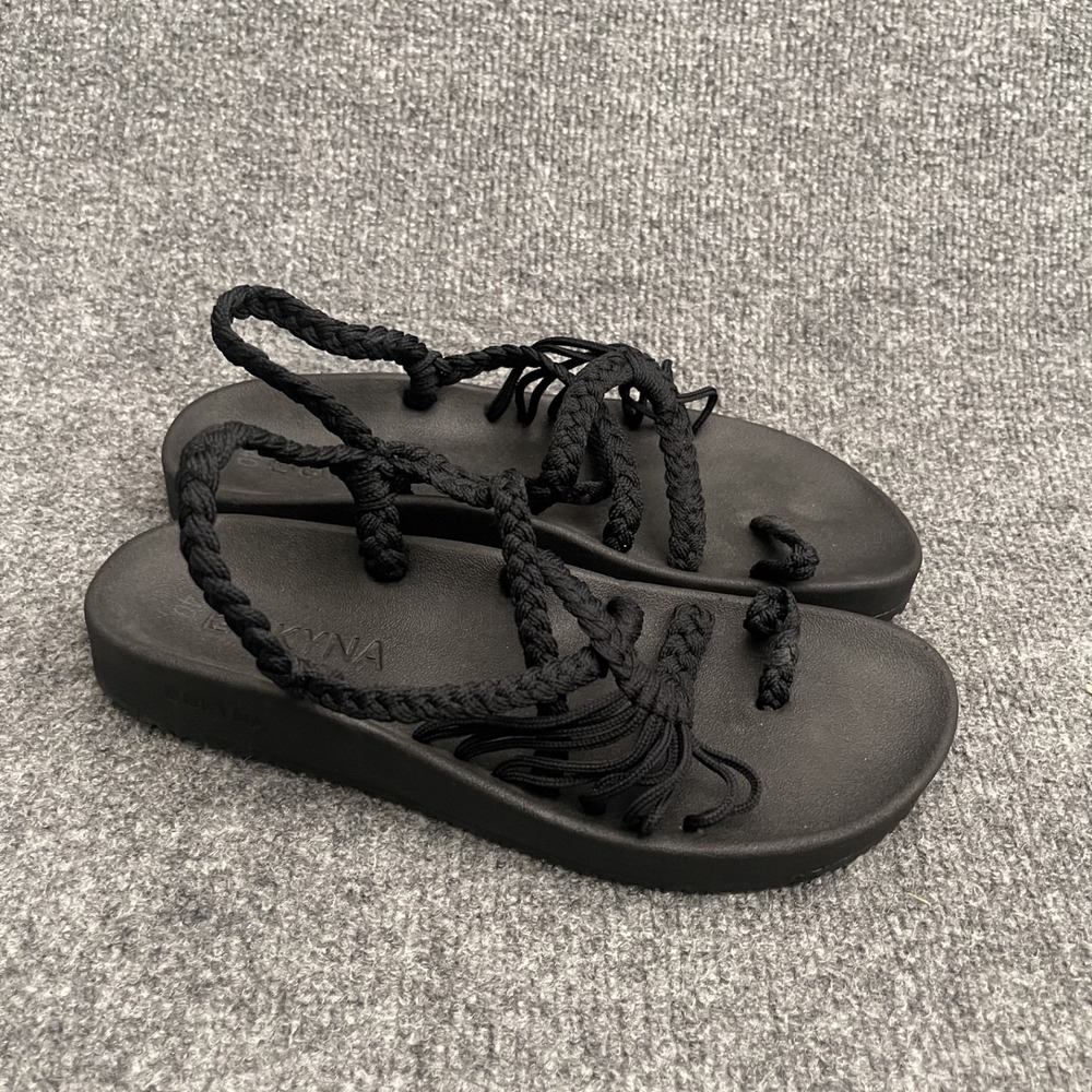 Bokyna Azzurro Sandals Womens Sz 40 Black Braided Rope Toe Loop Platform